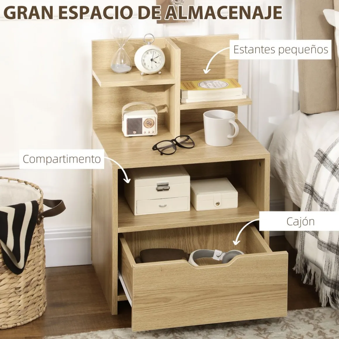 Mesita de noche Cala Homcom estantes + cajón natural 73x45x35 cm
