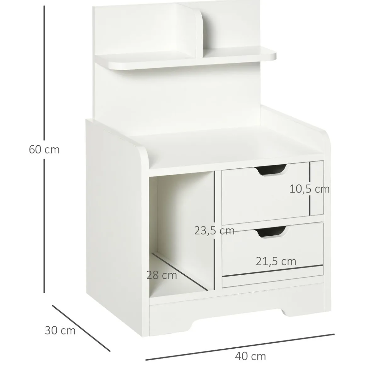 Mesita de noche Corfu Homcom 2 cajones + 3 compartimentos blanco 60x40x30 cm