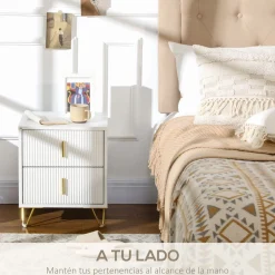 Mesita de noche Cotton Homcom 2 cajones blanco/dorado 47x40 cm
