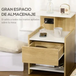 Mesita de noche Echeveria Homcom cajón + puertos USB + toma de corriente natural 60x40 cm
