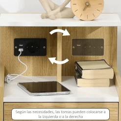 Mesita de noche Echeveria Homcom cajón + puertos USB + toma de corriente natural 60x40 cm