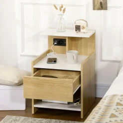 Mesita de noche Echeveria Homcom cajón + puertos USB + toma de corriente natural 60x40 cm