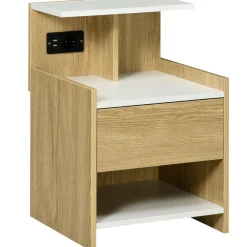 Mesita de noche Echeveria Homcom cajón + puertos USB + toma de corriente natural 60x40 cm