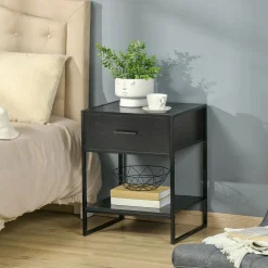 Mesita de noche Gálvez Homcom 1 cajón + 1 estante negro 60x45x40 cm