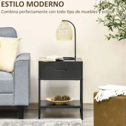 Mesita de noche Gálvez Homcom 1 cajón + 1 estante negro 60x45x40 cm