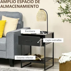 Mesita de noche Gálvez Homcom 1 cajón + 1 estante negro 60x45x40 cm