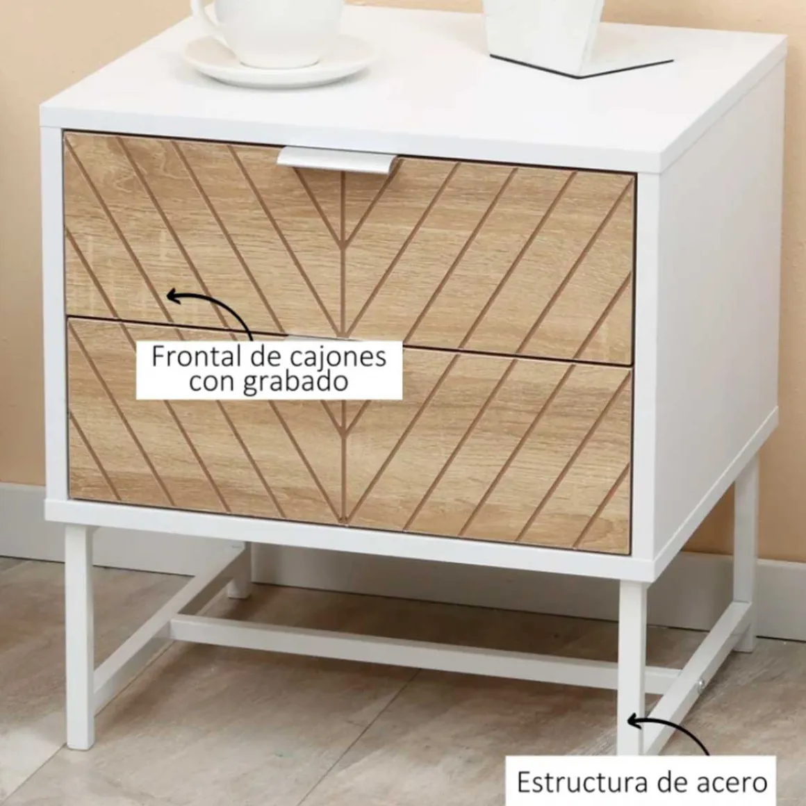 Mesita de noche Homcom con 2 cajones blanco/natural 48x45x39 cm