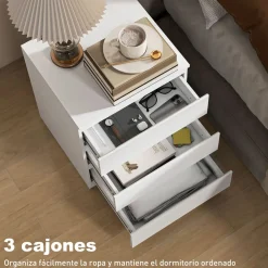 Mesita de noche Palace Homcom 3 cajones cierre suave blanco 52,8x45x40 cm