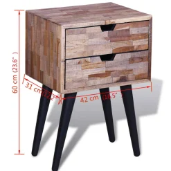 Mesita de noche Teca 2 cajones natural 60x42x31 cm