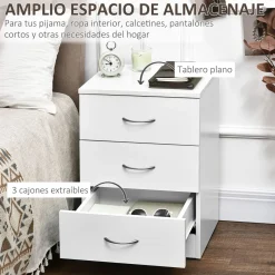 Mesita de noche Varego Homcom 3 cajones blanco 58x40x35 cm