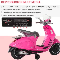 Moto de batería Vespa Homcom con faros + música + ruedines 75x108x49 cm