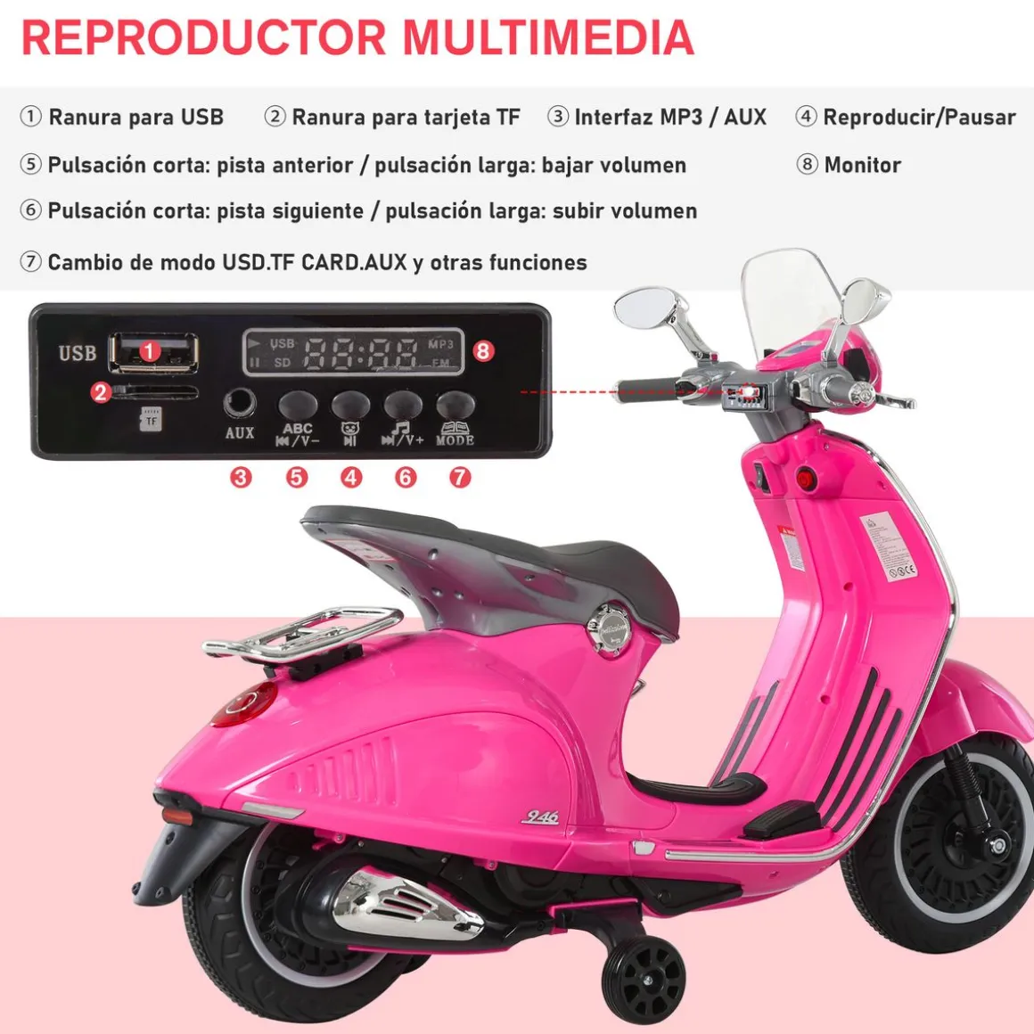 Moto de batería Vespa Homcom con faros + música + ruedines 75x108x49 cm