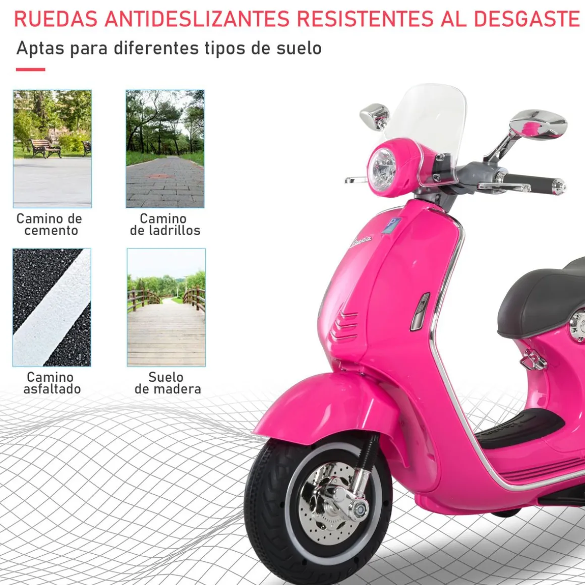 Moto de batería Vespa Homcom con faros + música + ruedines 75x108x49 cm