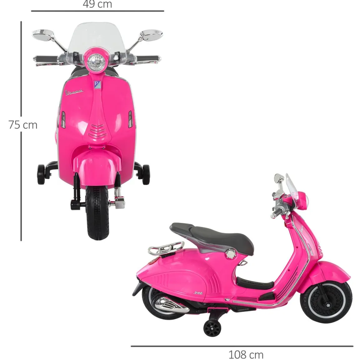 Moto de batería Vespa Homcom con faros + música + ruedines 75x108x49 cm