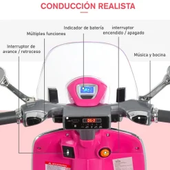 Moto de batería Vespa Homcom con faros + música + ruedines 75x108x49 cm