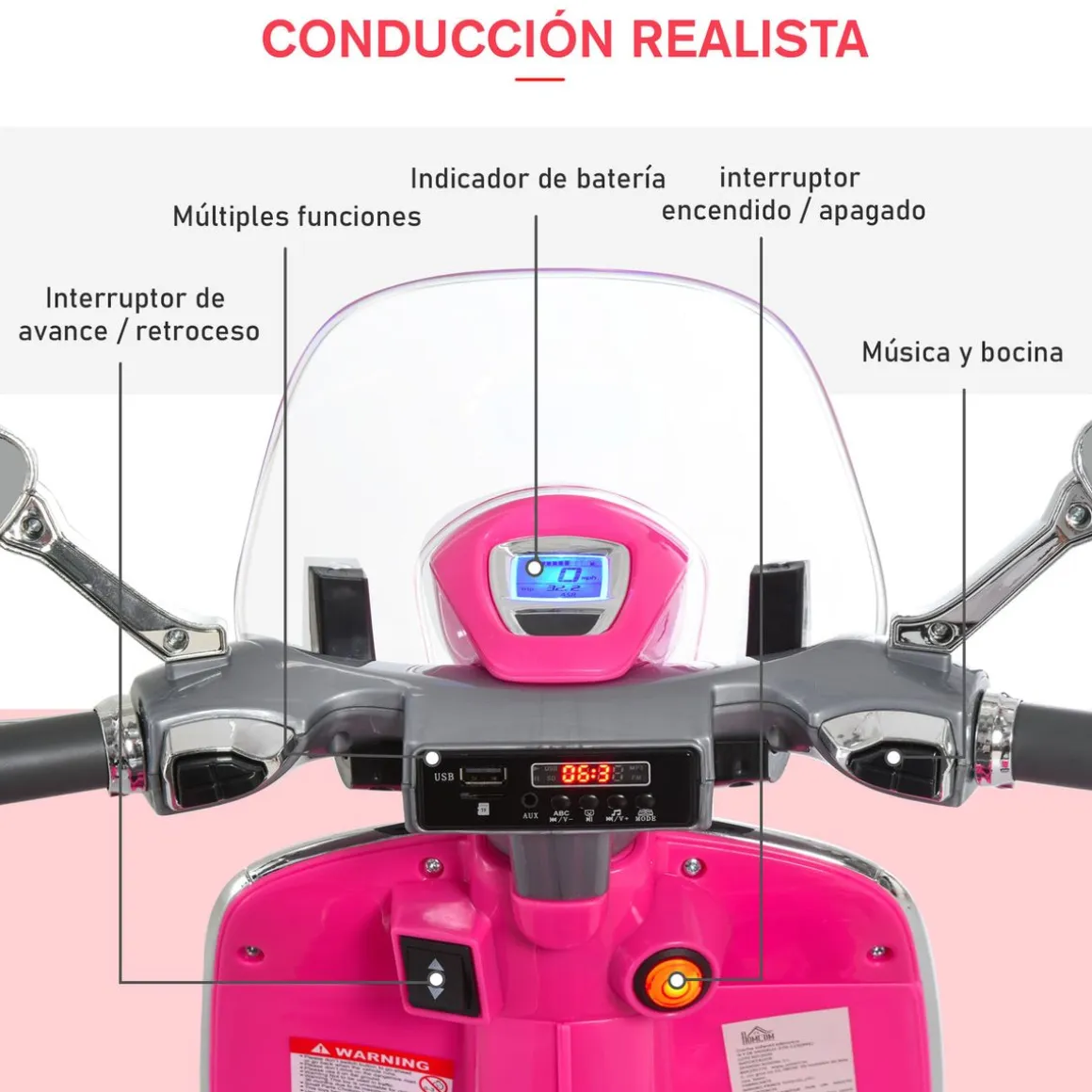 Moto de batería Vespa Homcom con faros + música + ruedines 75x108x49 cm