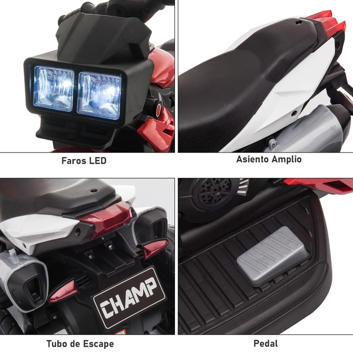 Moto eléctrica Broom Homcom con luces + bocina + música rojo 52x86x42 cm