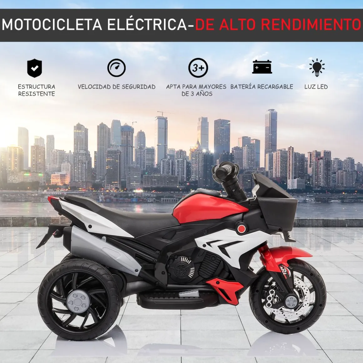 Moto eléctrica Broom Homcom con luces + bocina + música rojo 52x86x42 cm
