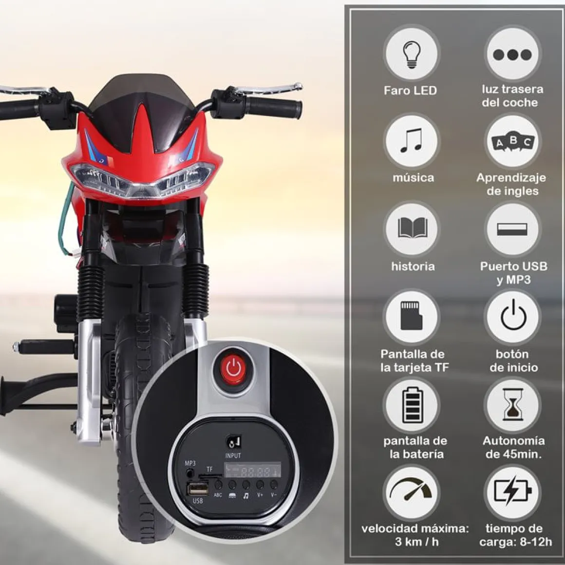 Moto eléctrica Homcom 3km/h con luces y sonido +3A rojo 62,3x52,3x105 cm