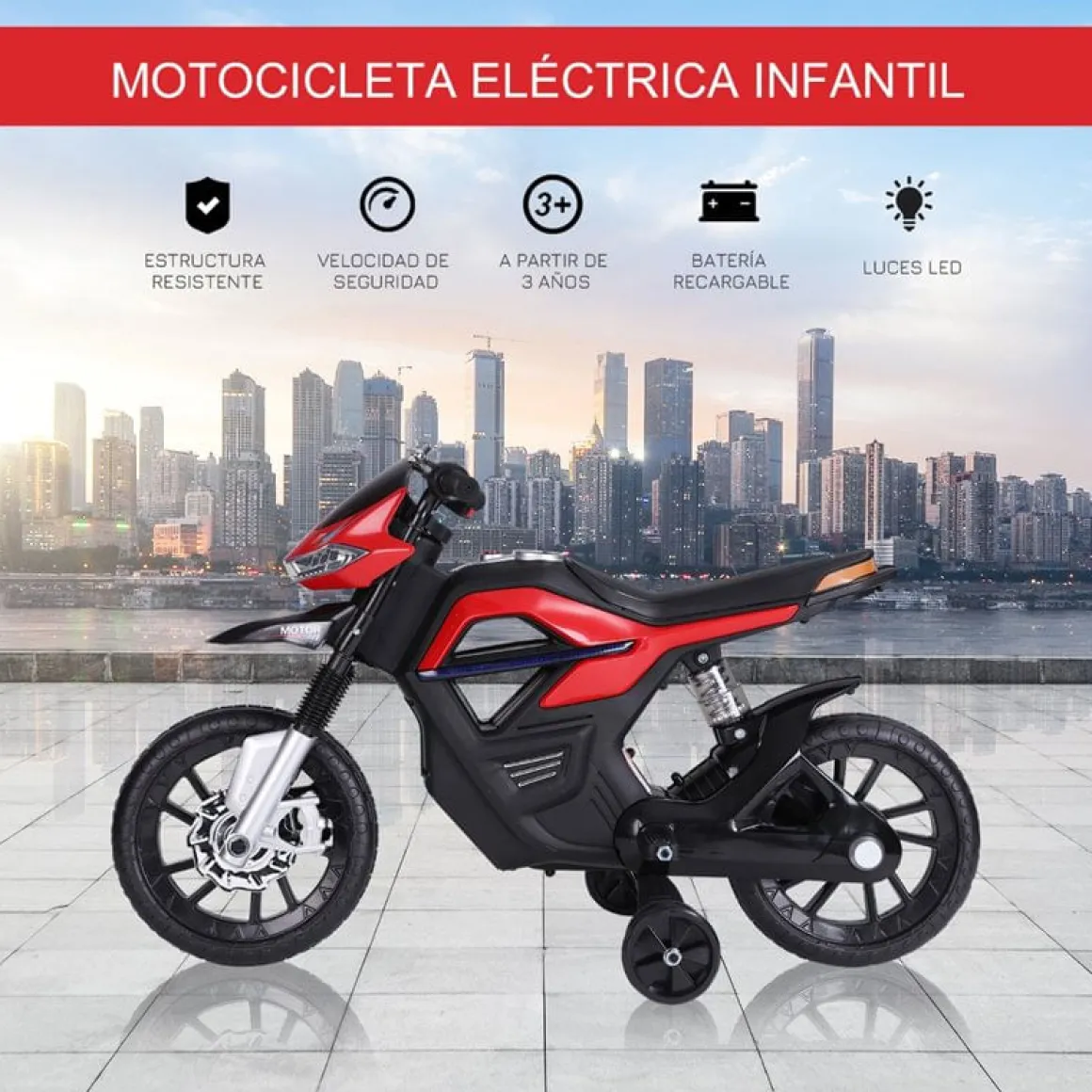 Moto eléctrica Homcom 3km/h con luces y sonido +3A rojo 62,3x52,3x105 cm