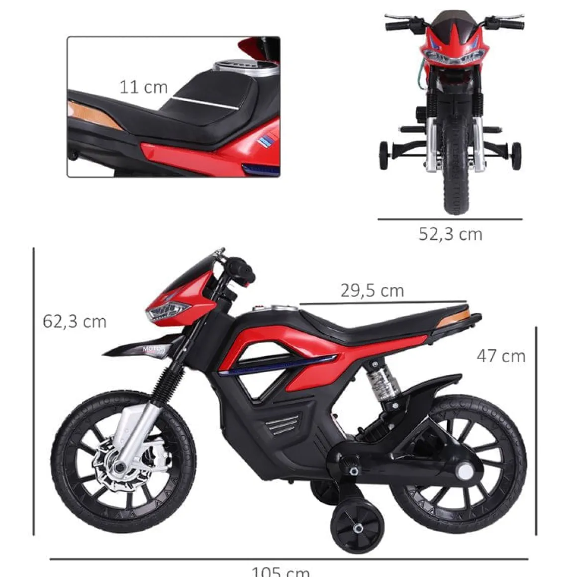 Moto eléctrica Homcom 3km/h con luces y sonido +3A rojo 62,3x52,3x105 cm
