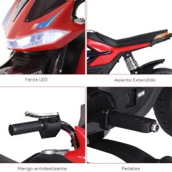 Moto eléctrica Homcom 3km/h con luces y sonido +3A rojo 62,3x52,3x105 cm