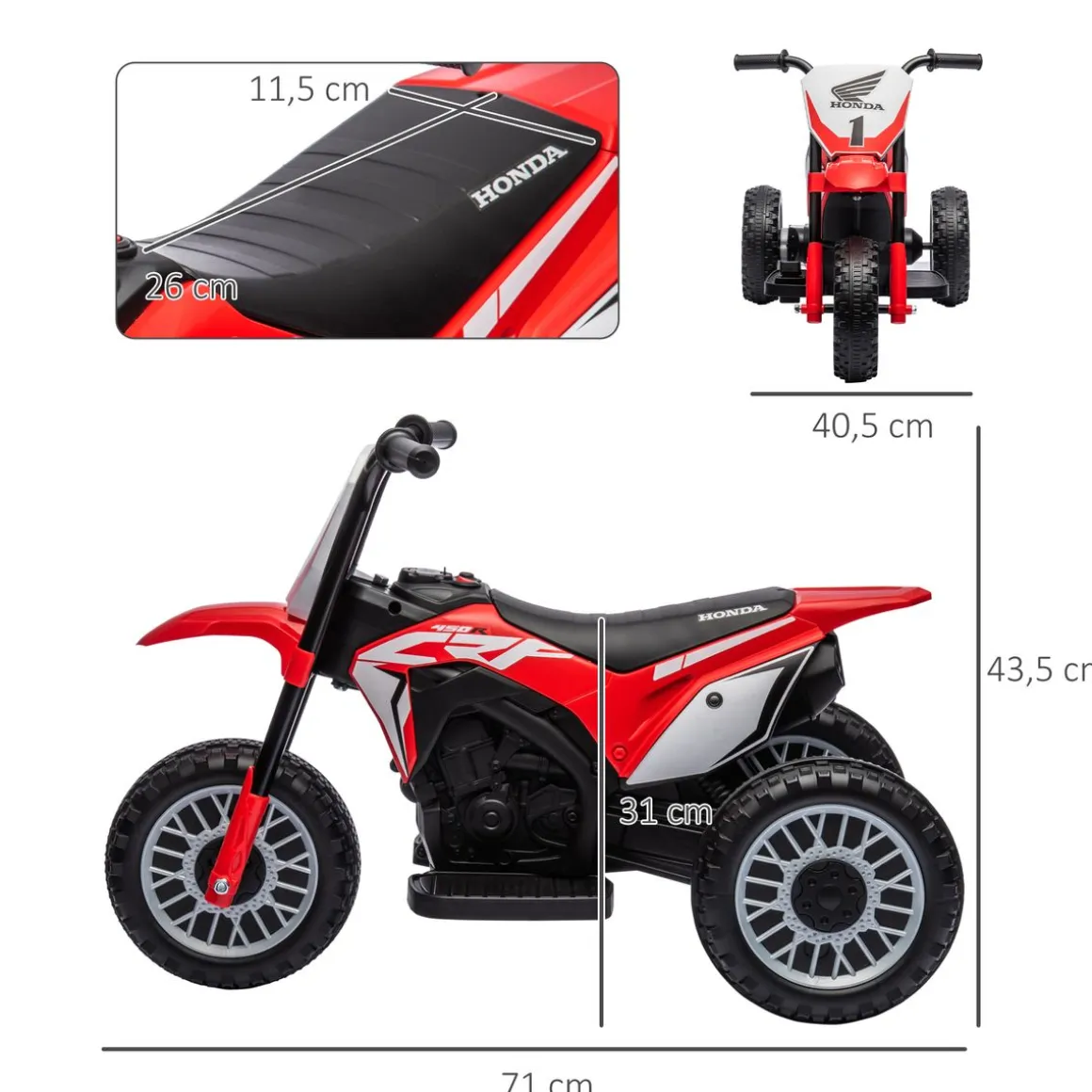 Moto eléctrica Honda CRF450RL Homcom con bocina rojo 43,5x71x40,5 cm