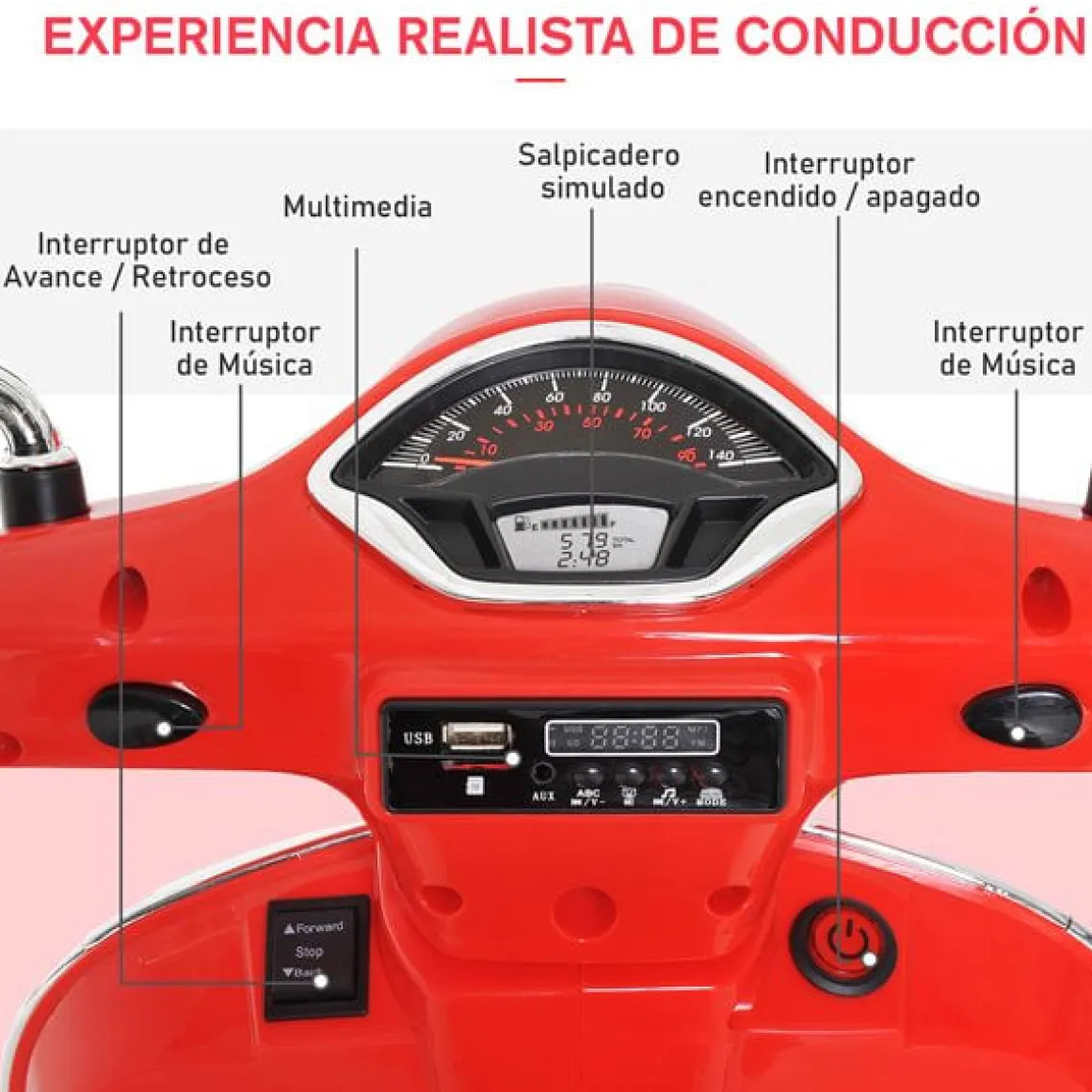 Moto Eléctrica Infantil Licencia Vespa +3A rojo 102x50,5x75,5 cm