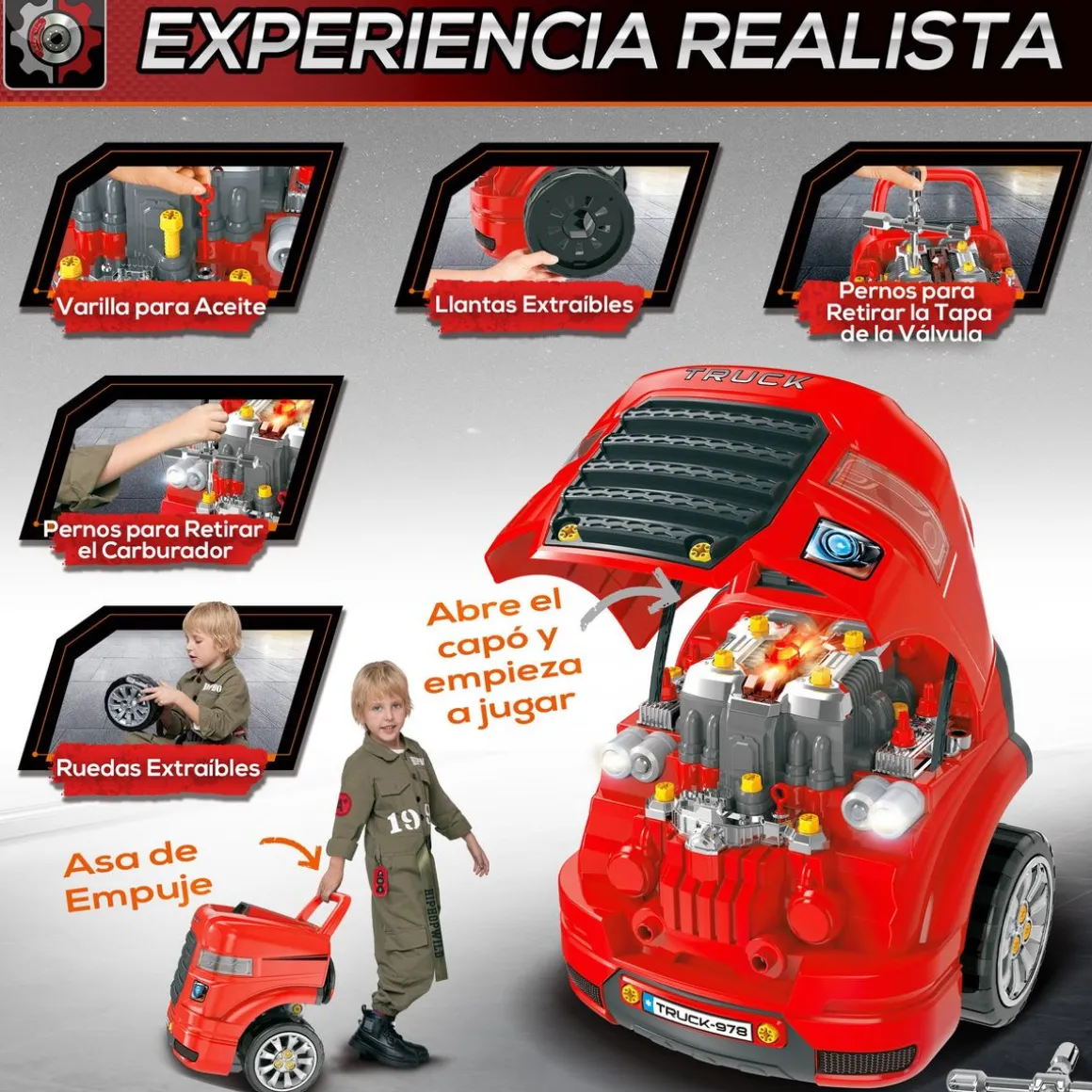Motor de camión de juguete Homcom +3A con ruedas rojo 47x40x39 cm