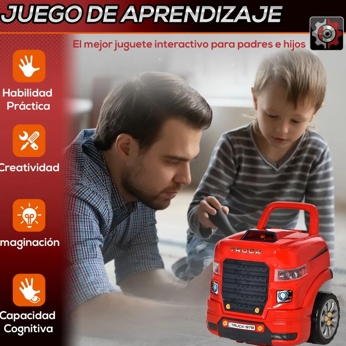Motor de camión de juguete Homcom +3A con ruedas rojo 47x40x39 cm