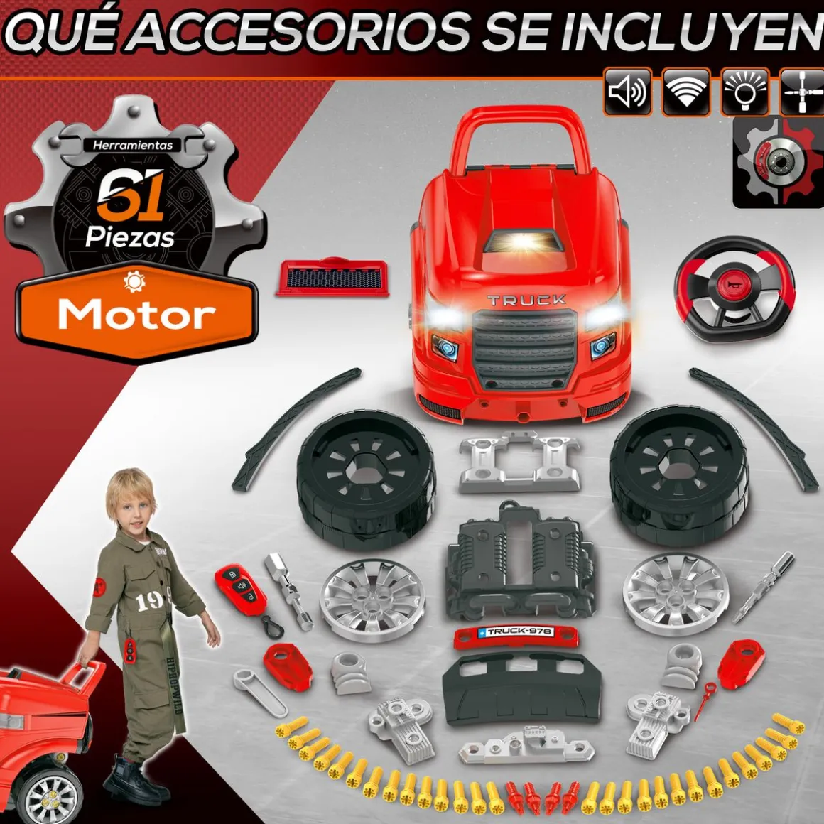 Motor de camión de juguete Homcom +3A con ruedas rojo 47x40x39 cm