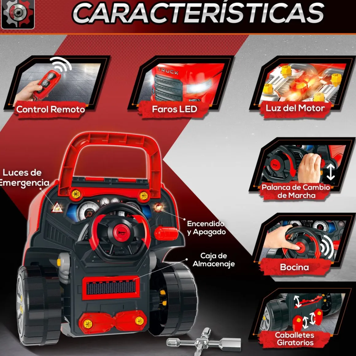 Motor de camión de juguete Homcom +3A con ruedas rojo 47x40x39 cm
