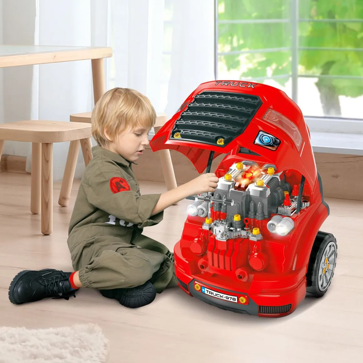 Motor de camión de juguete Homcom +3A con ruedas rojo 47x40x39 cm