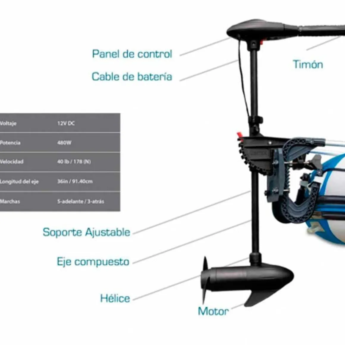Motor fueraborda eléctrico Intex 480W 12V DC 8 velocidades negro