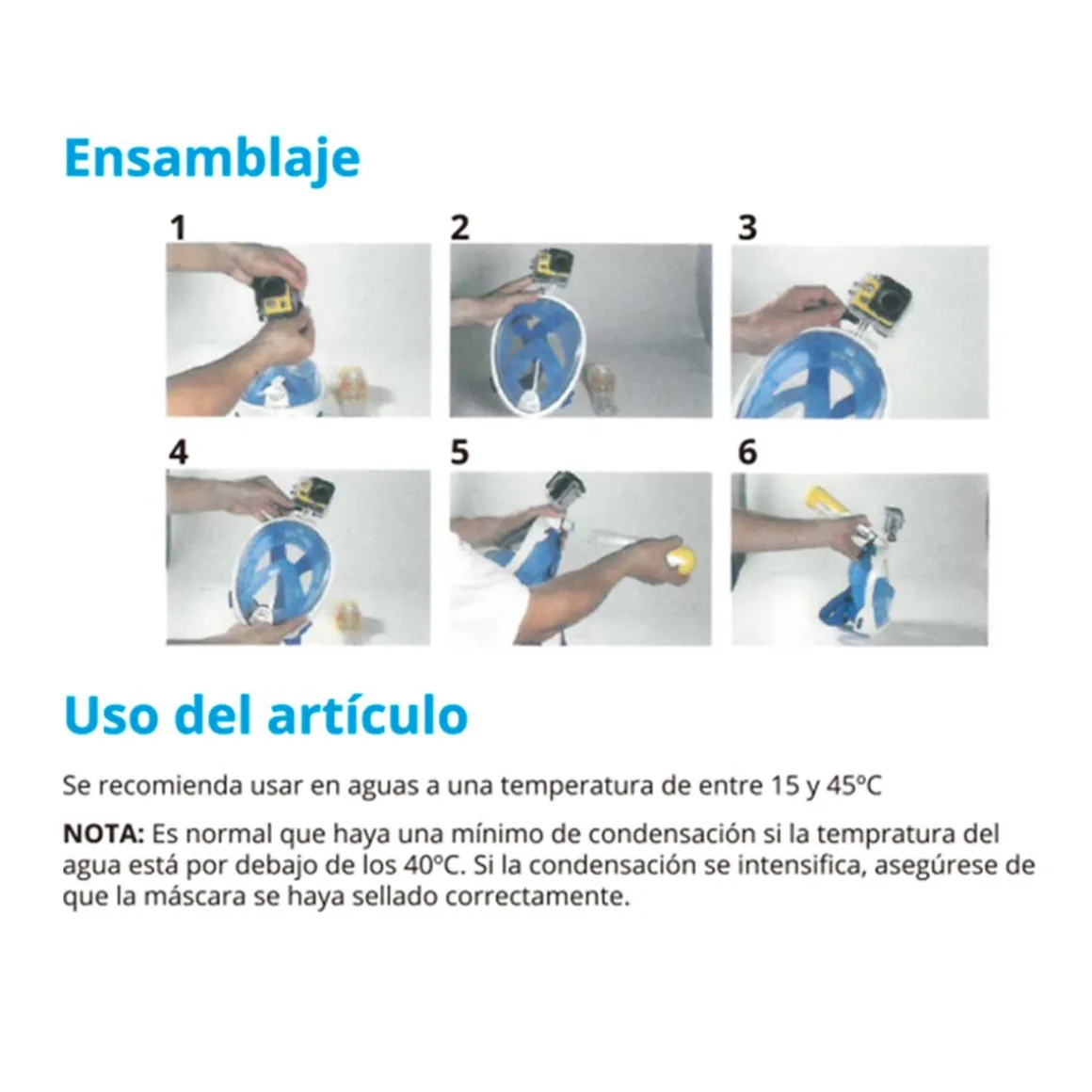 Máscara de snorkel con tubo y soporte para cámara talla S/M