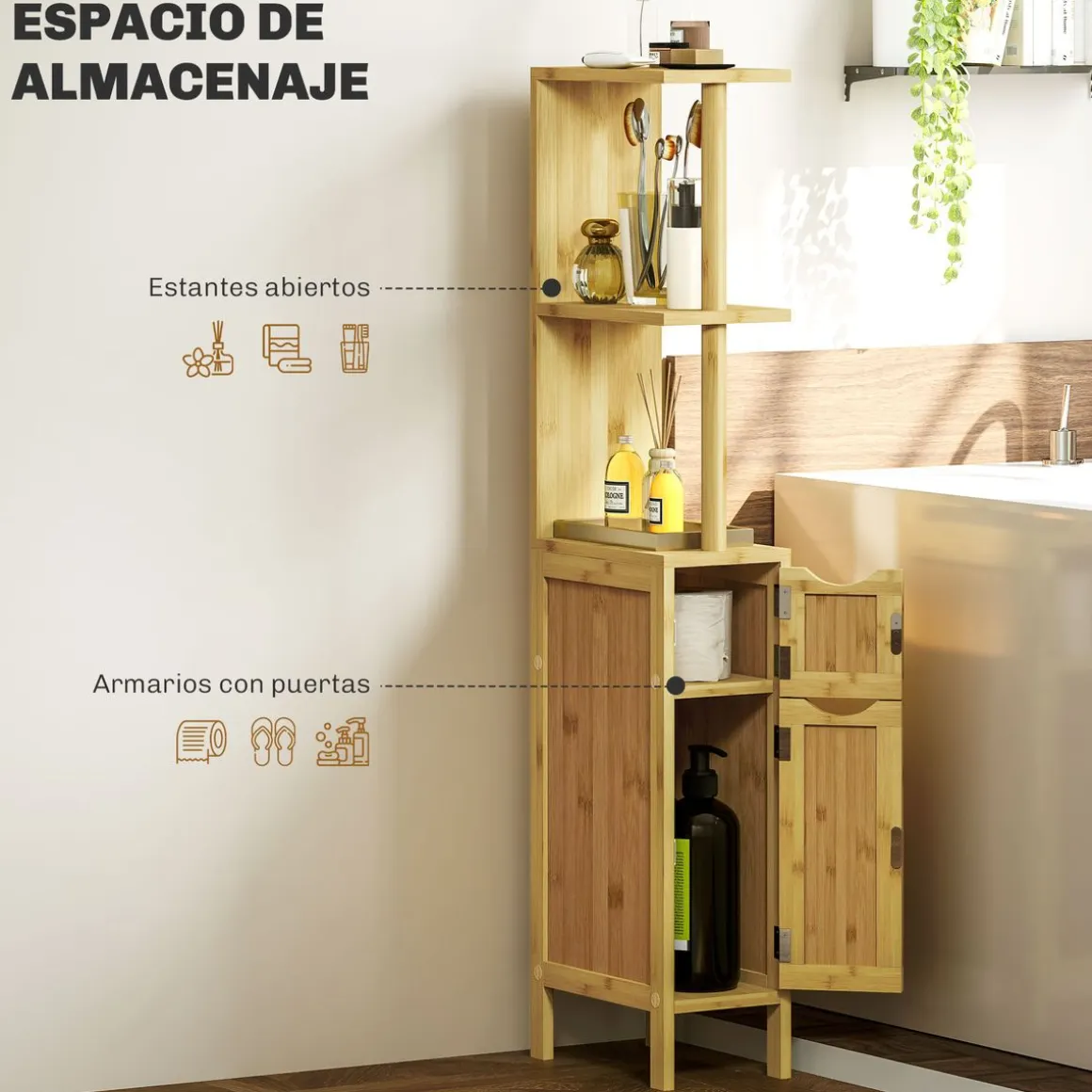 Mueble auxiliar Dhea Homcom 2 armarios + 2 estantes natural 120x18x30 cm