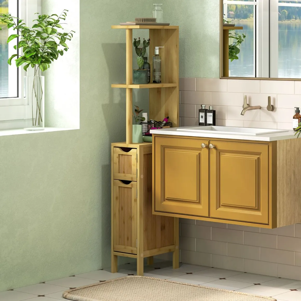 Mueble auxiliar Dhea Homcom 2 armarios + 2 estantes natural 120x18x30 cm