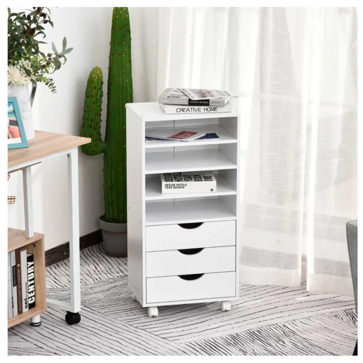 Mueble auxiliar Vinsetto 3 cajones + 4 estantes + ruedas blanco 83x40x30 cm