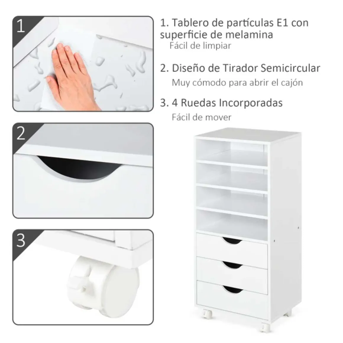 Mueble auxiliar Vinsetto 3 cajones + 4 estantes + ruedas blanco 83x40x30 cm