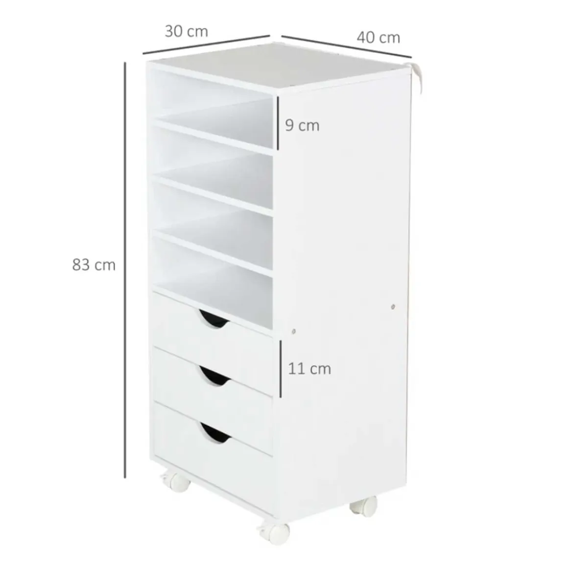 Mueble auxiliar Vinsetto 3 cajones + 4 estantes + ruedas blanco 83x40x30 cm