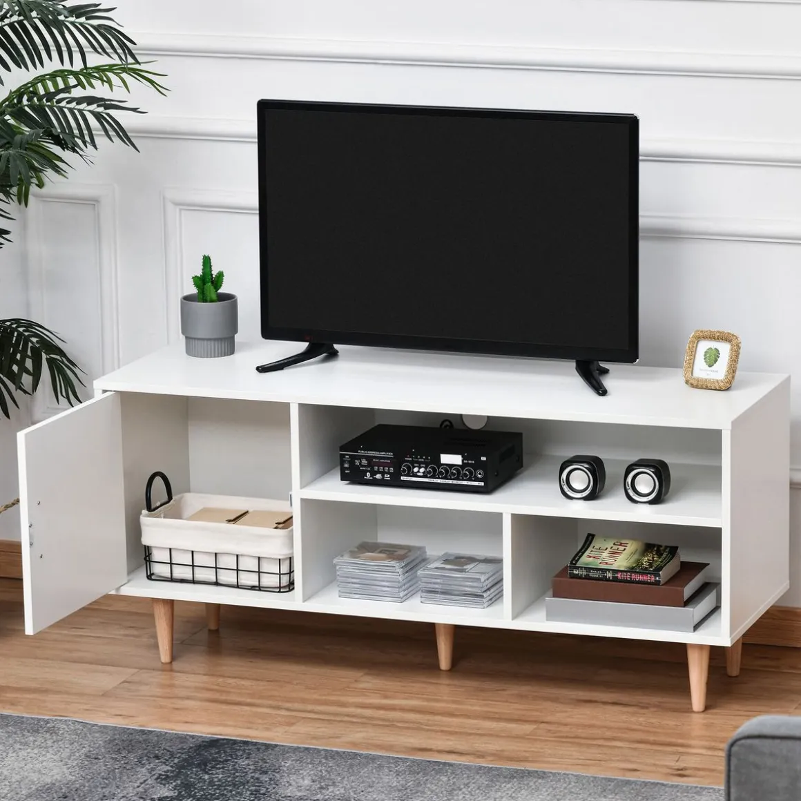 Mueble bajo de TV Hefesto Homcom 3 módulos + 1 puerta blanco/natural 55x120x40 cm