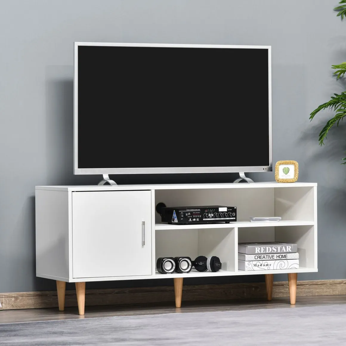 Mueble bajo de TV Hefesto Homcom 3 módulos + 1 puerta blanco/natural 55x120x40 cm