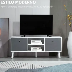 Mueble bajo de TV Homcom 2 estantes + 2 cajones de tela blanco/gris 46,5x110x29 cm