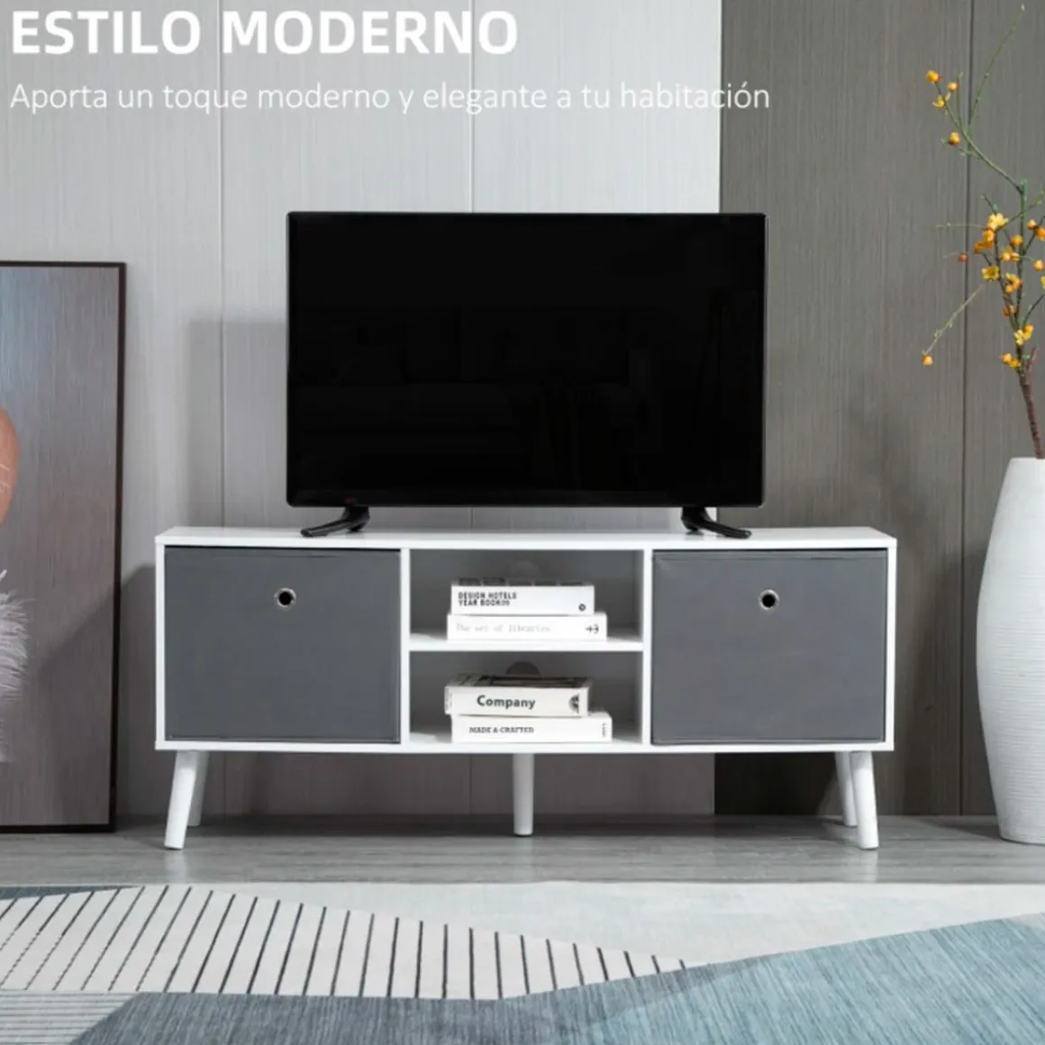 Mueble bajo de TV Homcom 2 estantes + 2 cajones de tela blanco/gris 46,5x110x29 cm