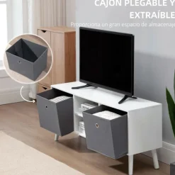 Mueble bajo de TV Homcom 2 estantes + 2 cajones de tela blanco/gris 46,5x110x29 cm