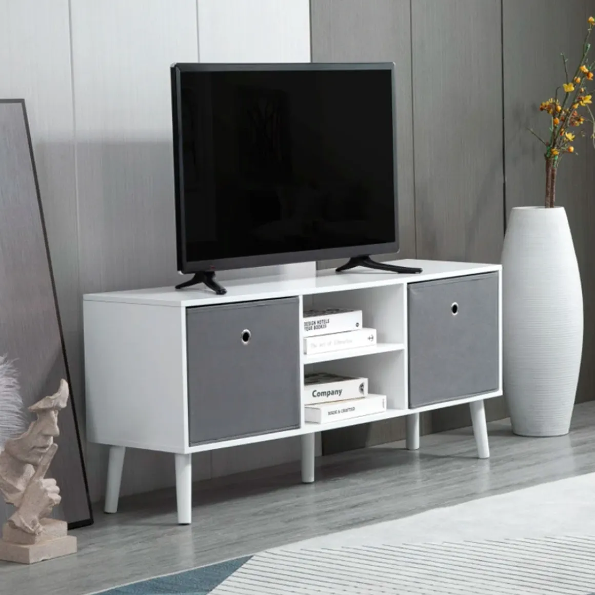Mueble bajo de TV Homcom 2 estantes + 2 cajones de tela blanco/gris 46,5x110x29 cm
