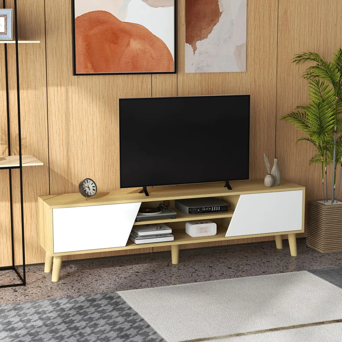 Mueble bajo de TV Jarvis Homcom 2 puertas + 2 estantes natural/blanco 42x150x30 cm