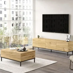 Mueble bajo de TV Luvio 4 puertas abatibles + patas ajustables roble 45x170x35 cm