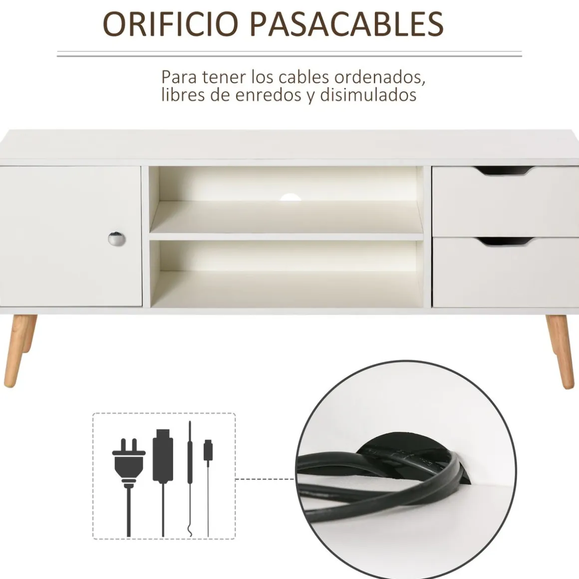 Mueble bajo de TV Sybil Homcom con estantes abiertos blanco 44x120x28 cm