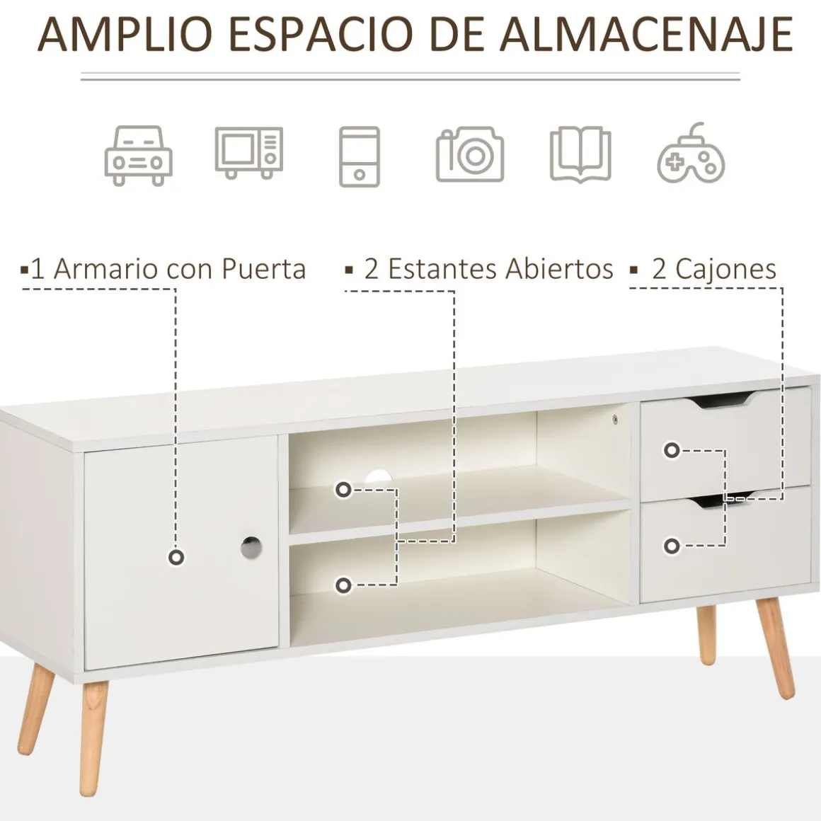 Mueble bajo de TV Sybil Homcom con estantes abiertos blanco 44x120x28 cm